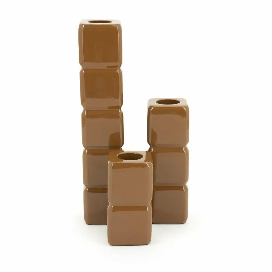 By Boo Set van 3 kandelaren Cube – mosterd