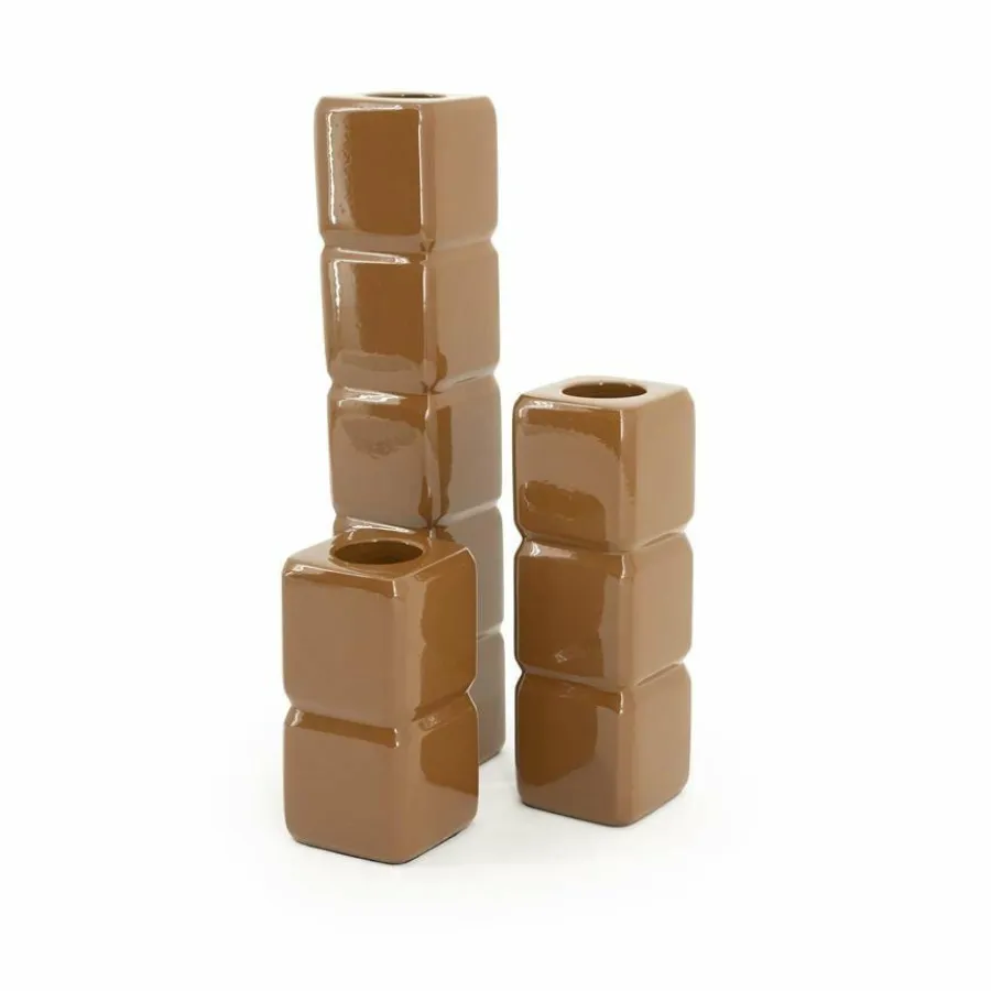 By Boo Set van 3 kandelaren Cube – mosterd