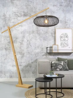 Good&Mojo Vloerlamp Cango bamboe naturel L 207cm kap Ø 60 zwart