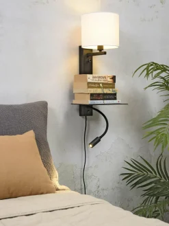 it's about RoMi Wandlamp ijzer Florence plank+usb+leeslamp 15000hrs incl. dimmer wit Discount