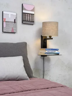 it's about RoMi Wandlamp ijzer Florence E14 met plank+usb incl. dimmer d. linnen Discount