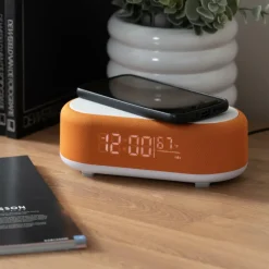 Karlsson Alarmklok Vogue met telefoonoplader en bluetooth helder oranje New