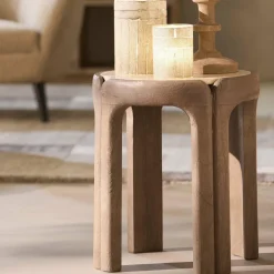 Light en Living Bijzettafel Ø45x50 cm ALI hout grijs-d bruin+travertin zand New