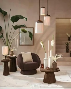 Light en Living Hanglamp 3L Ø35x32 cm DANIALO houtprint donkerbruin met touw creme Hot