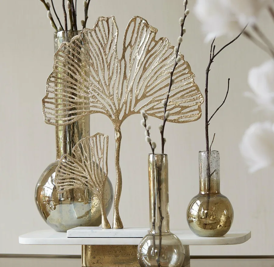 Light en Living Ornament op voet 36x10x48 cm LEAF goud+marmer wit New