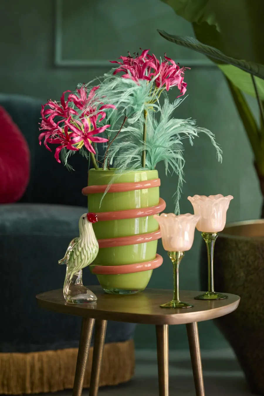 Light en Living Theelicht op voet Ø10,5x22,5 cm FLOWALY glas groen+peach Best