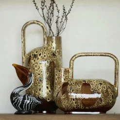 Light en Living Vaas deco 16,5x15,5x37 cm SERRES keramiek donkerbruin + creme + oranje New