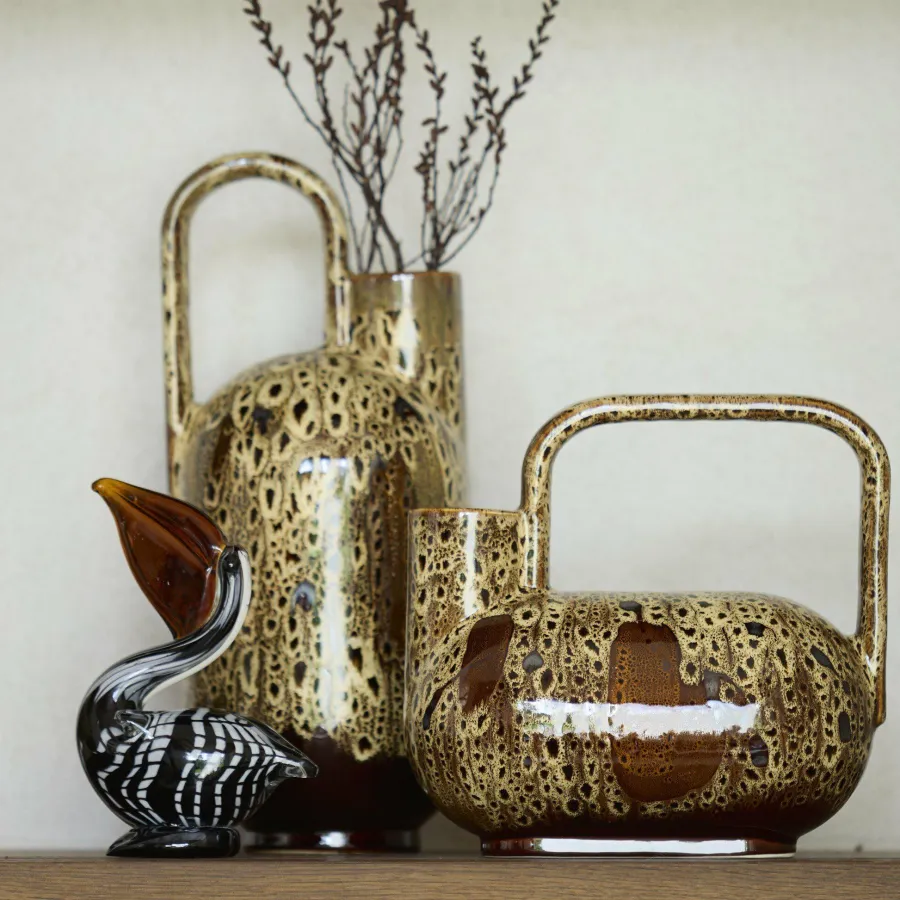 Light en Living Vaas deco 16,5x15,5x37 cm SERRES keramiek donkerbruin + creme + oranje New