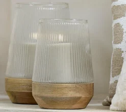 Light en Living Windlicht Ø18X26 Cm MINAS glas Rib helder+hout Natural Hot