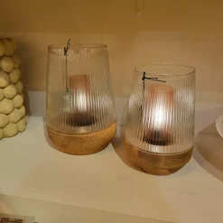 Light en Living Windlicht Ø18X26 Cm MINAS glas Rib helder+hout Natural Hot