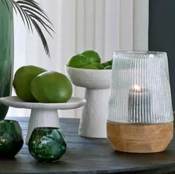Light en Living Windlicht Ø22x30 Cm MINAS glas Rib helder+hout naturel New