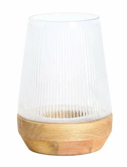 Light en Living Windlicht Ø22x30 Cm MINAS glas Rib helder+hout naturel New