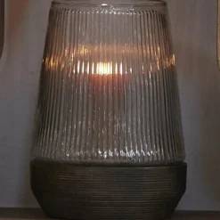 Light en Living Windlicht Ø18X26 Cm MINAS glas Rib helder+hout donkerbruin Discount
