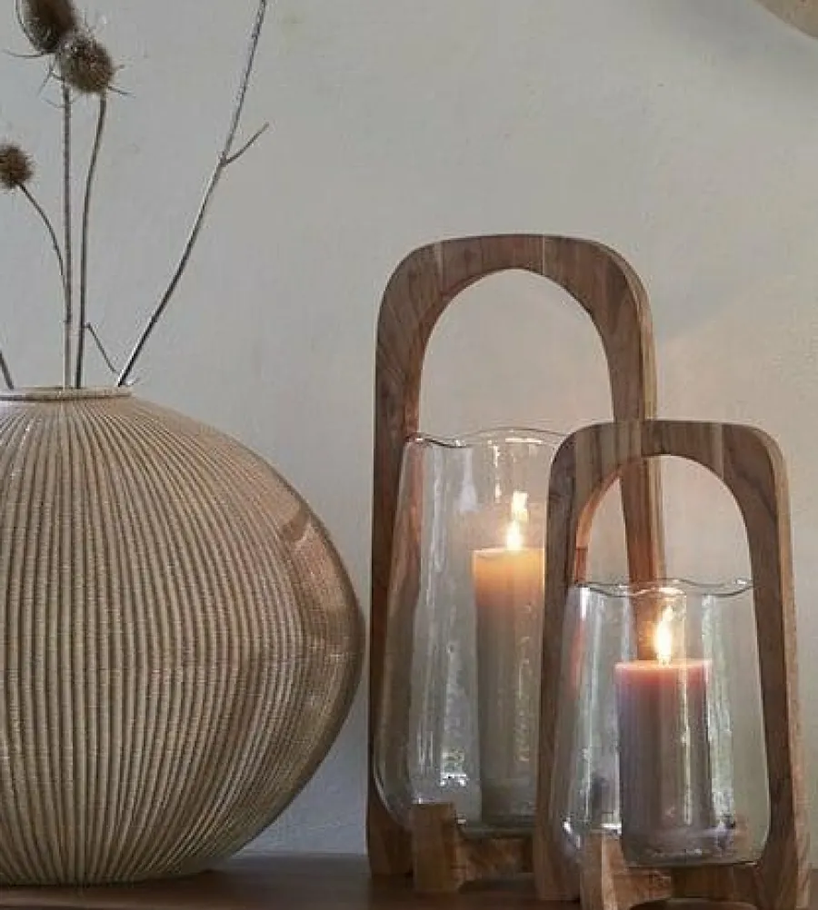 Light en Living Windlicht Ø21,5x35 cm ANOSY glas helder+hout naturel Clearance
