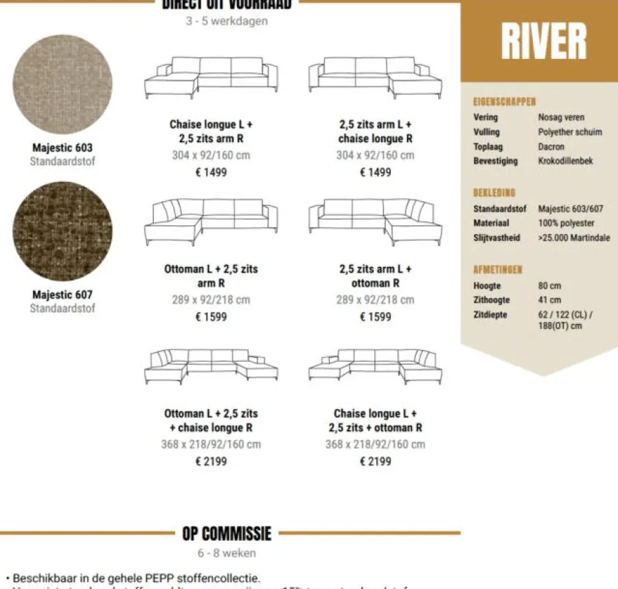 Pepp Interiors Bank River U opstelling met chaise longue links in Majestic 607 Online