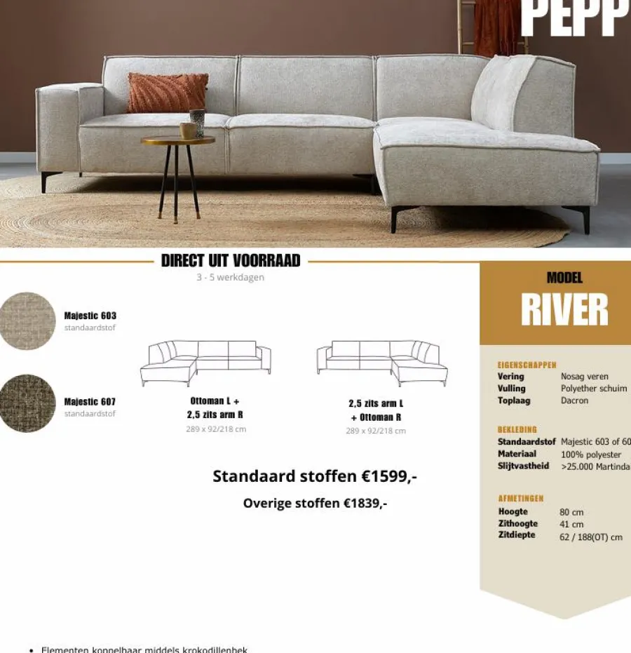 Pepp Interiors Hoekbank River - Ottoman links - Majestic 603 Hot