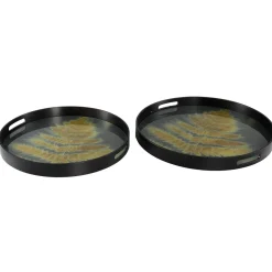 PTMD Dienblad Gila zwart glas met goud blad set van 2