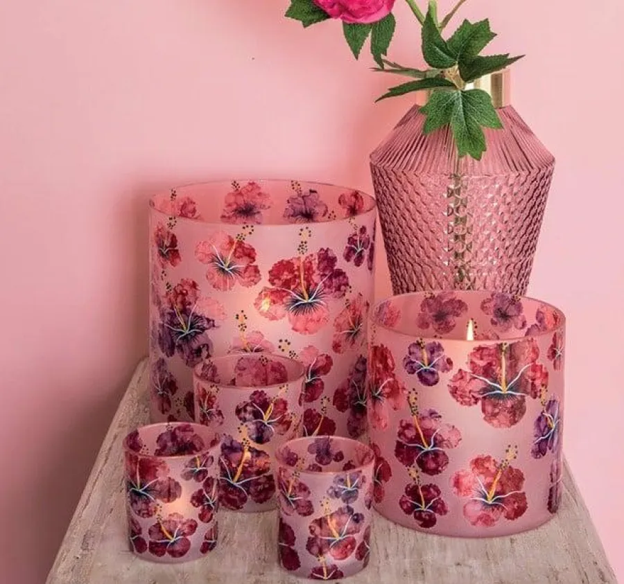 PTMD Theelicht Denise Roze glazen hibiscus bloemen Sale