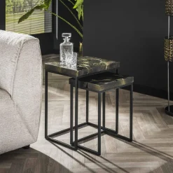 WoonStijl Bijzettafel set van 2 rechthoekig Robuust zwart met goud Online