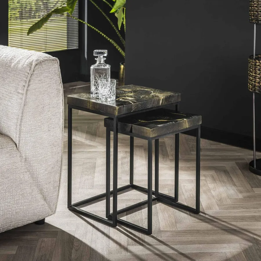 WoonStijl Bijzettafel set van 2 rechthoekig Robuust zwart met goud Online