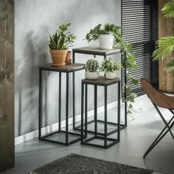 WoonStijl Bloemenzuil Teca set van 3 vierkant buisframe - Teakhout greywash Online