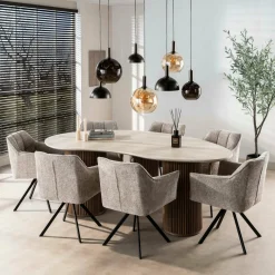 WoonStijl Eettafel Romano niervormig 215cm / 3D keramiek travertin Clearance