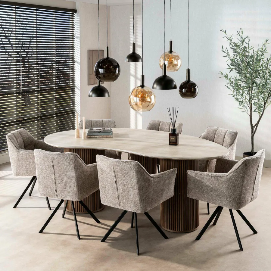 WoonStijl Eettafel Romano niervormig 215cm / 3D keramiek travertin Clearance