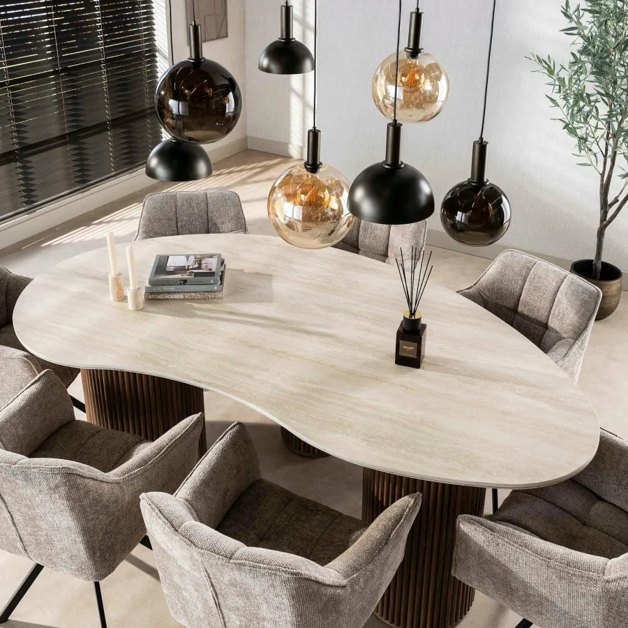 WoonStijl Eettafel Romano niervormig 215cm / 3D keramiek travertin Clearance