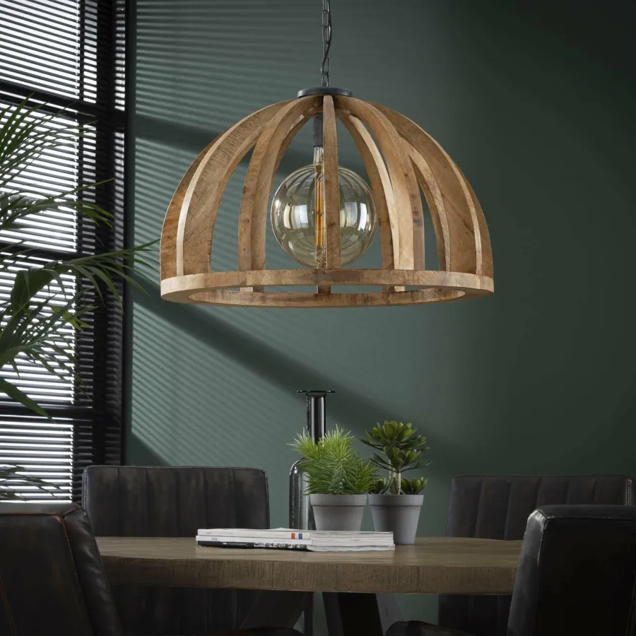 WoonStijl Hanglamp Ø60 gebogen houten spijlen / Massief mango naturel / Massief mango naturel