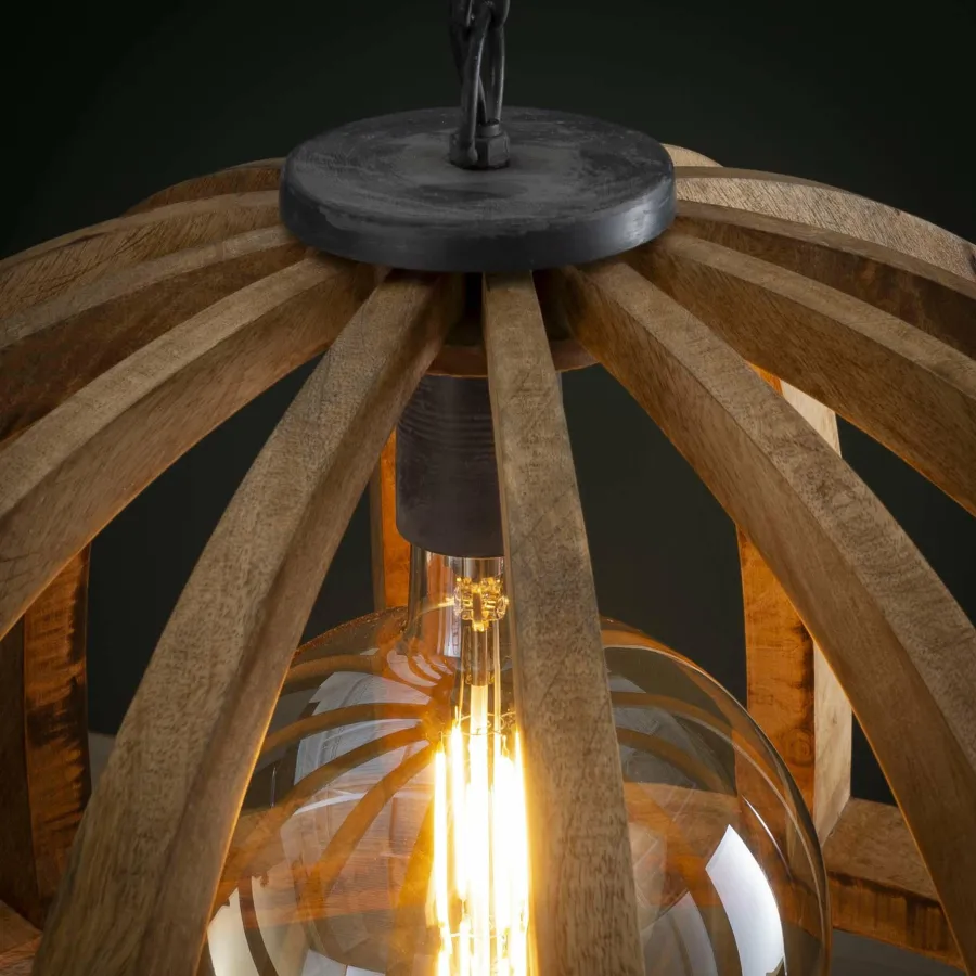 WoonStijl Hanglamp Ø60 gebogen houten spijlen / Massief mango naturel / Massief mango naturel