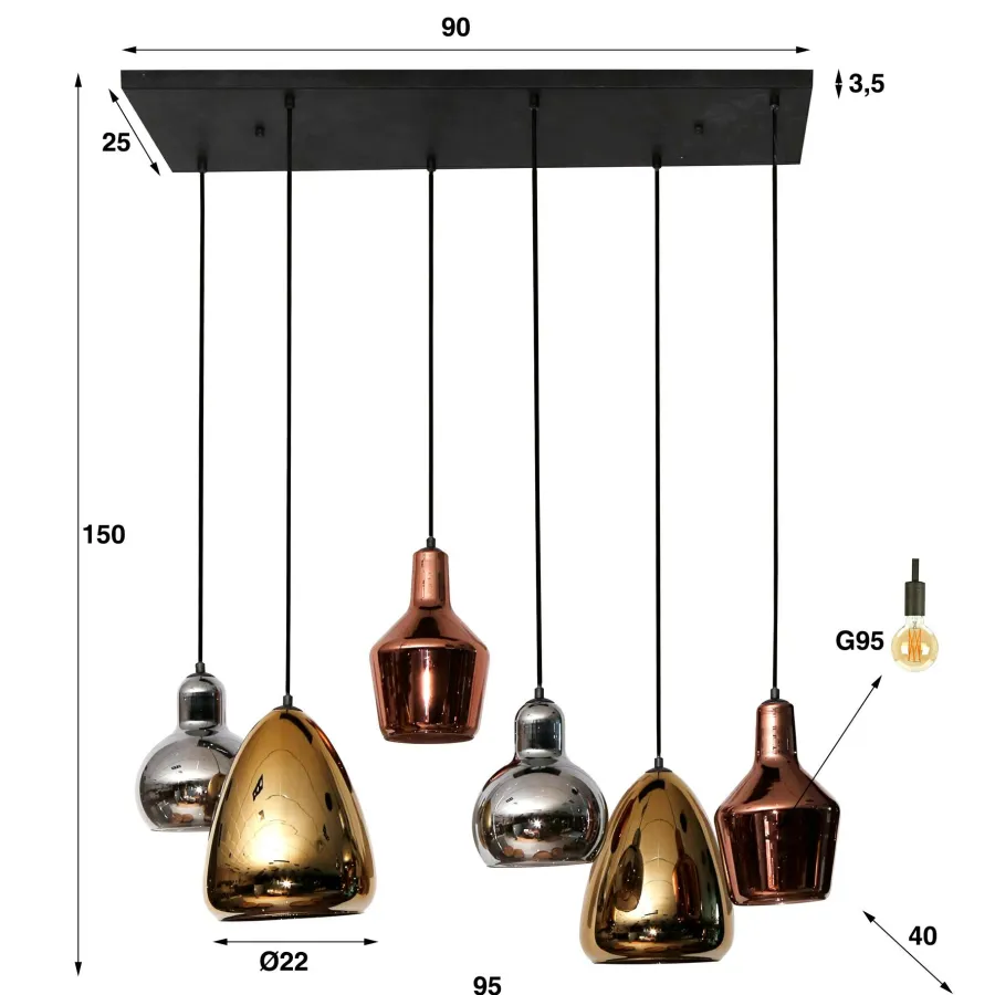 WoonStijl Hanglamp 3+3 mix glass tricolore Hot