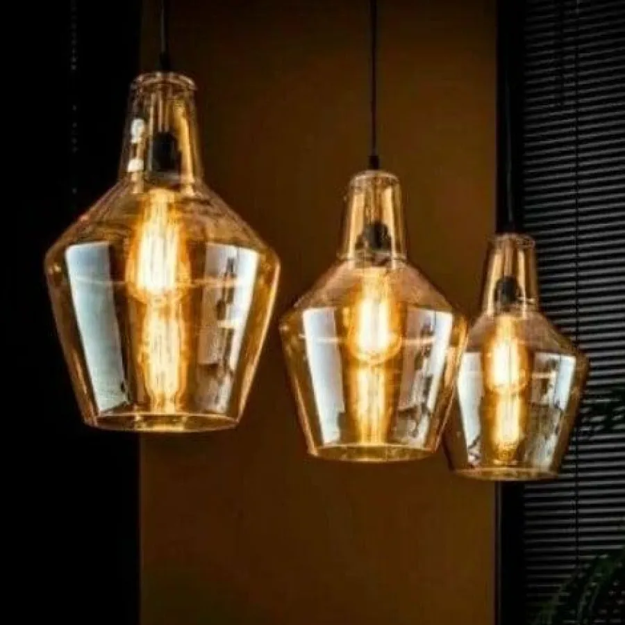 WoonStijl Hanglamp 3L amber glas kegel / Oud zilver Clearance