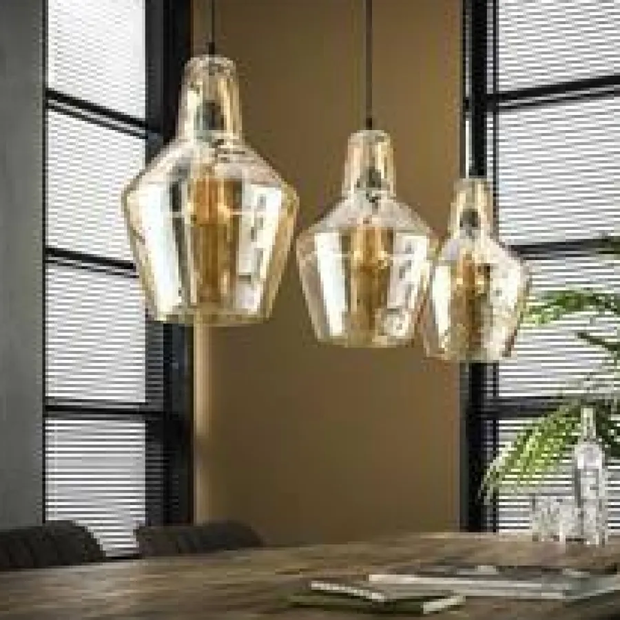 WoonStijl Hanglamp 3L amber glas kegel / Oud zilver Clearance