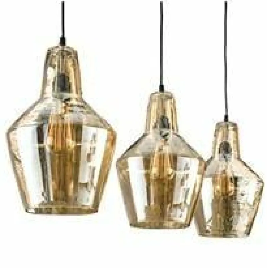 WoonStijl Hanglamp 3L amber glas kegel / Oud zilver Clearance