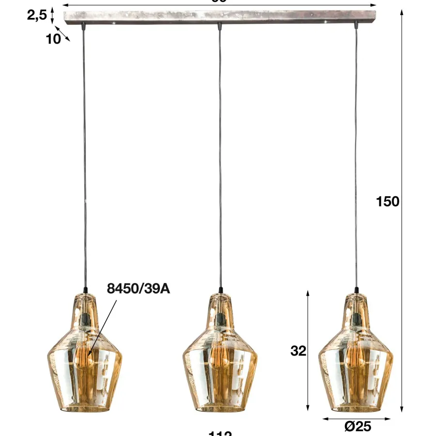 WoonStijl Hanglamp 3L amber glas kegel / Oud zilver Clearance