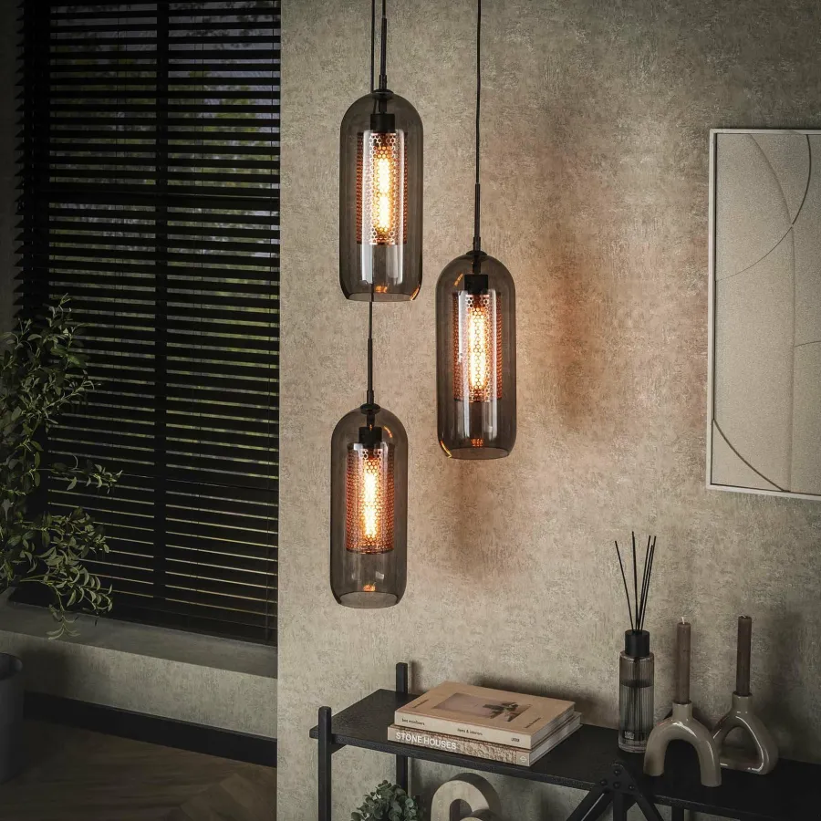 WoonStijl Hanglamp 3L getrapt smoke glas-geperforeerd staal Outlet