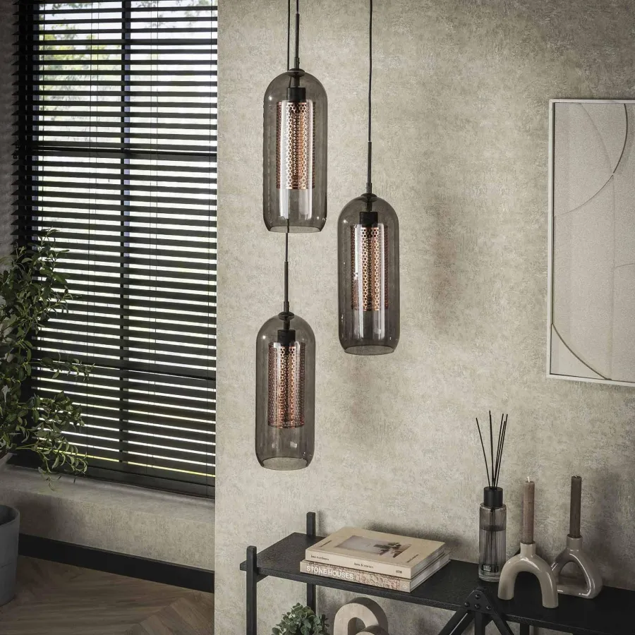 WoonStijl Hanglamp 3L getrapt smoke glas-geperforeerd staal Outlet