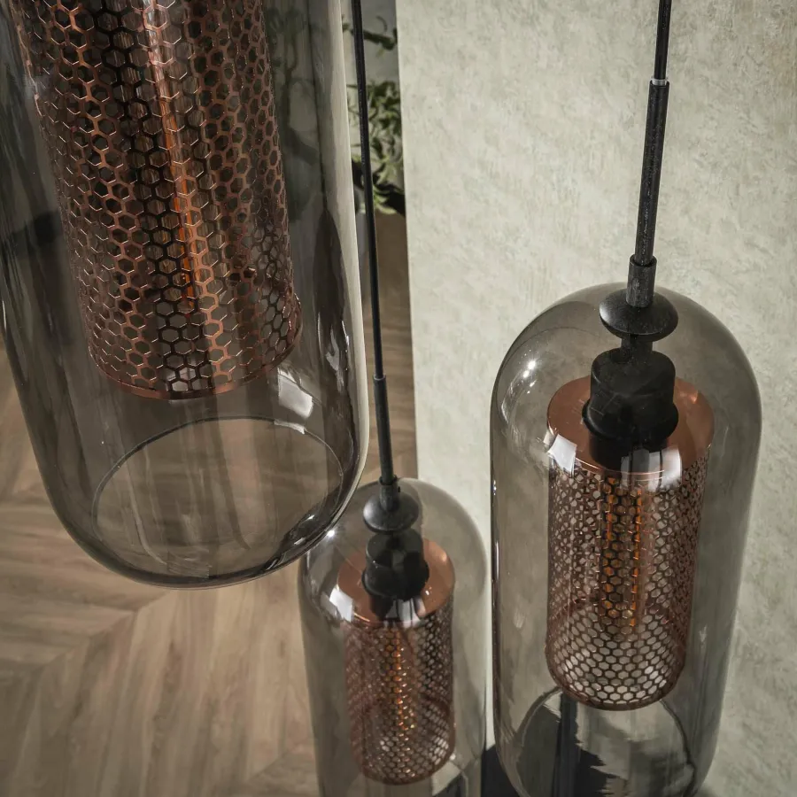 WoonStijl Hanglamp 3L getrapt smoke glas-geperforeerd staal Outlet