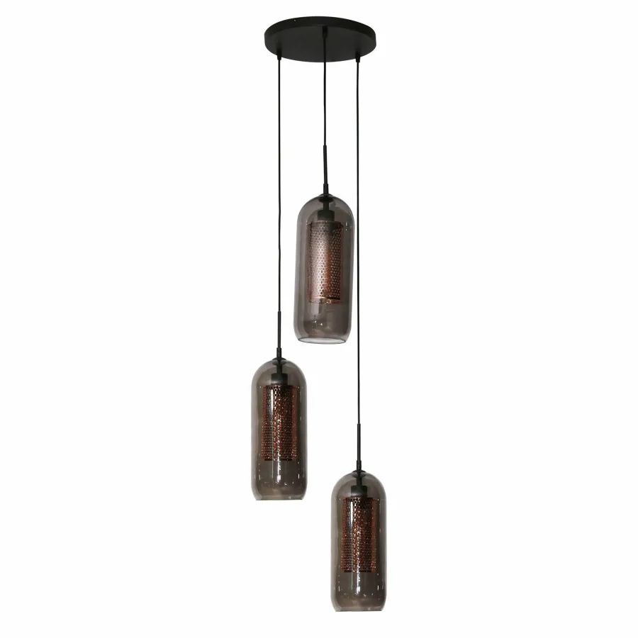 WoonStijl Hanglamp 3L getrapt smoke glas-geperforeerd staal Outlet