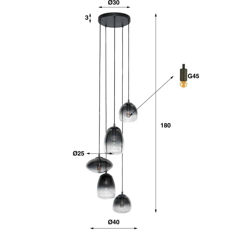 WoonStijl Hanglamp 5L getrapt mix glass shaded Online
