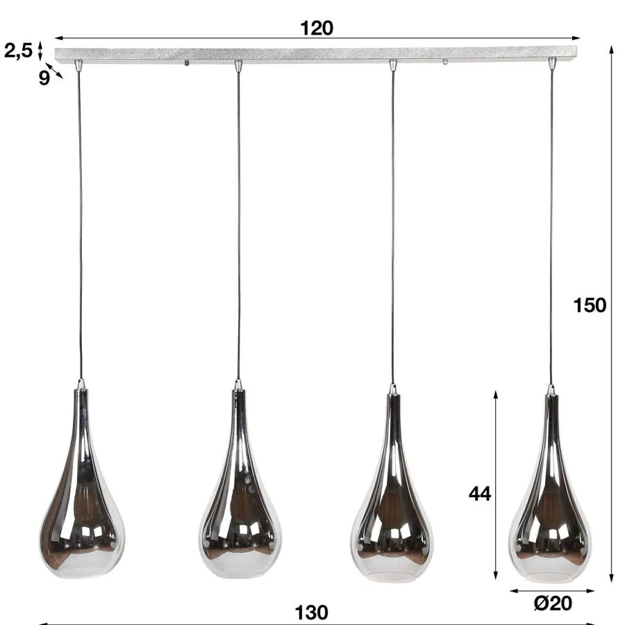 WoonStijl Hanglamp 4L silver drop glass New