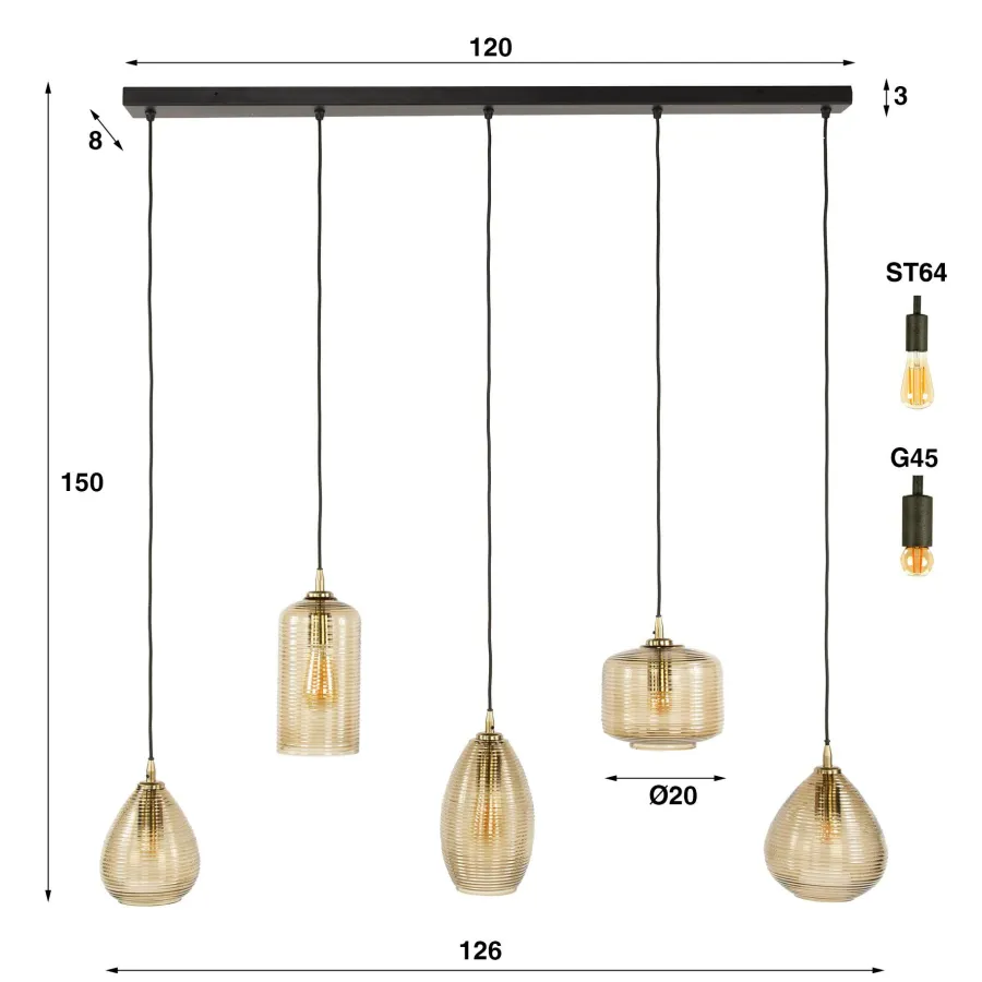 WoonStijl Hanglamp 5L Stripe glas horizontaal Clearance