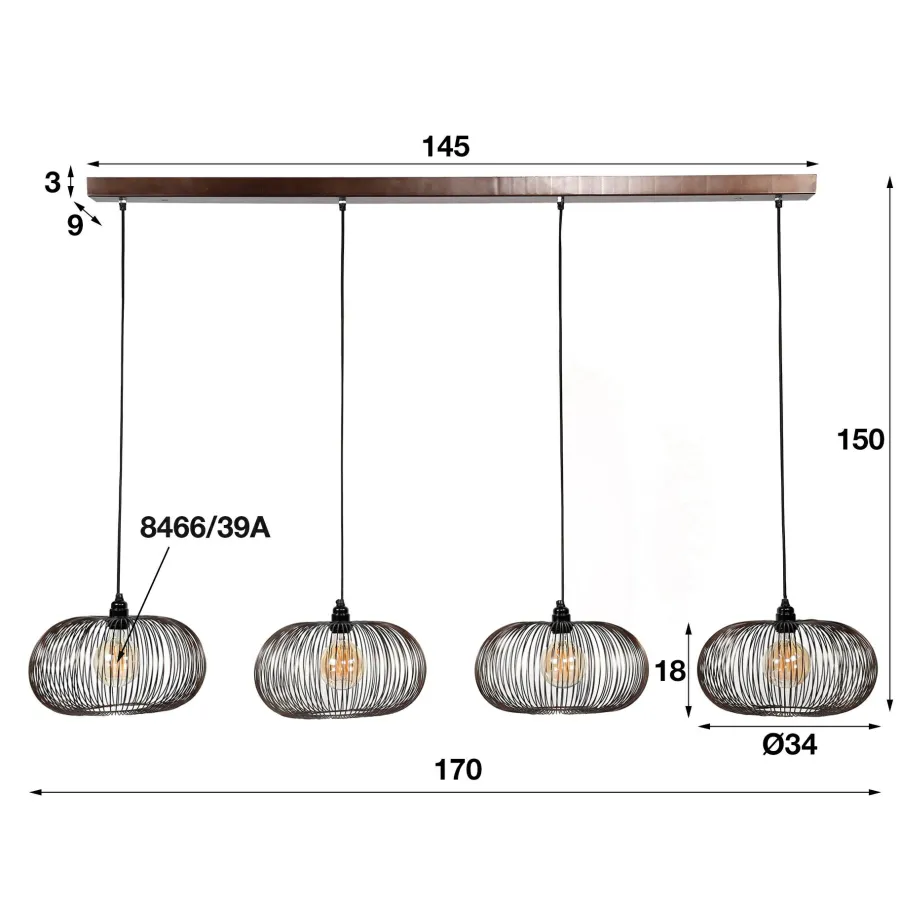 WoonStijl Hanglamp 4x Ø35 disk wire copper twist / Zwart nikkel Outlet