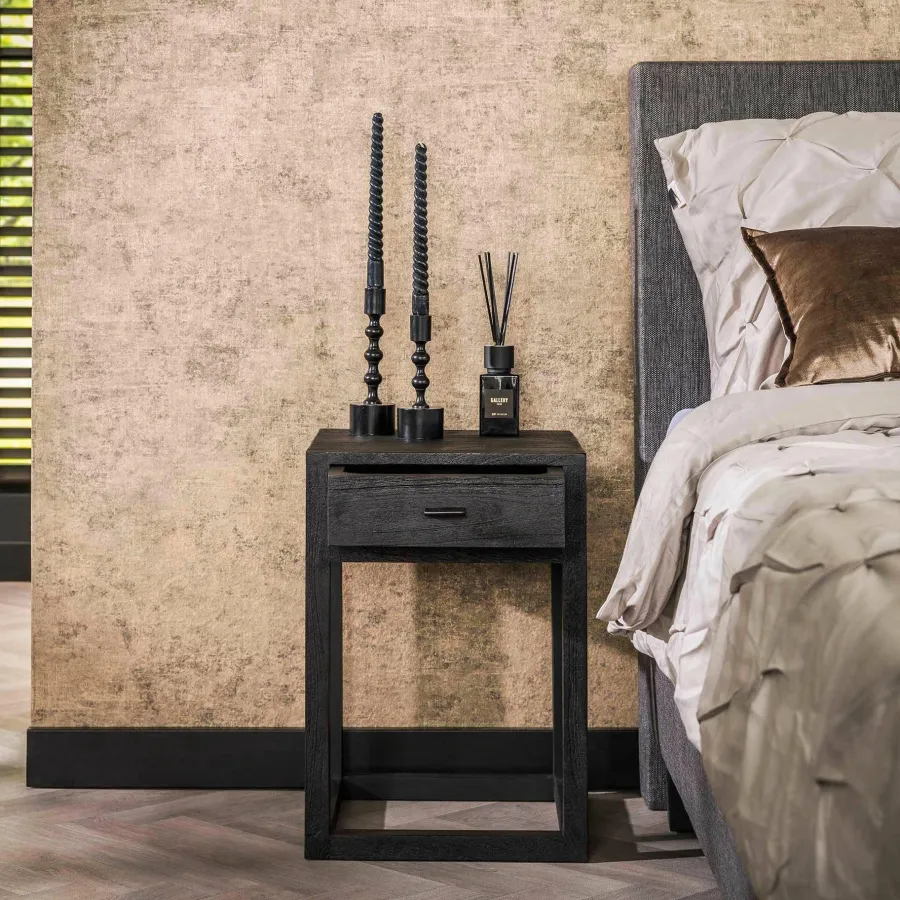 WoonStijl Nachtkastje Square zwart acacia met 1 lade Clearance