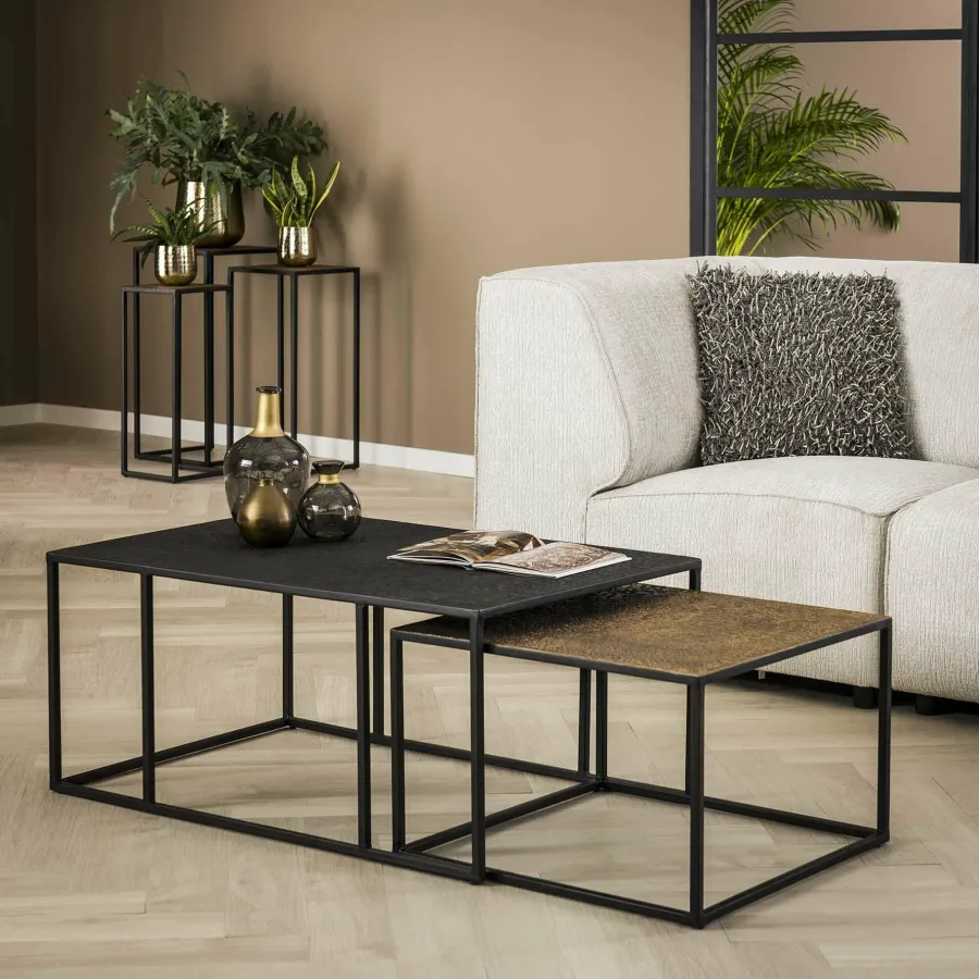 WoonStijl Salontafel set van 2 rechthoek iron metallic Discount
