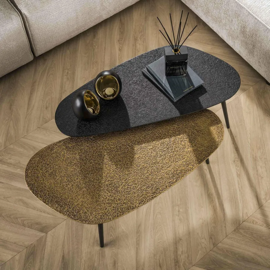 WoonStijl Salontafel set van 2 niervormig metallic zwart en antiek brass