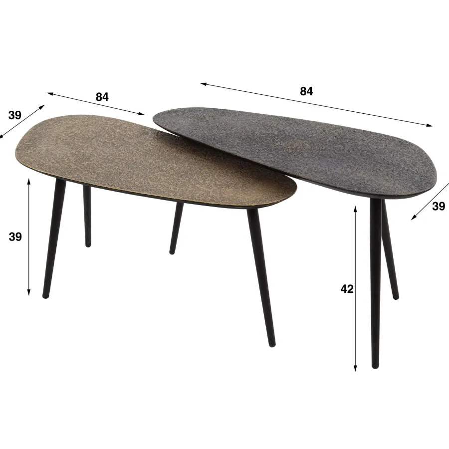 WoonStijl Salontafel set van 2 niervormig metallic zwart en antiek brass