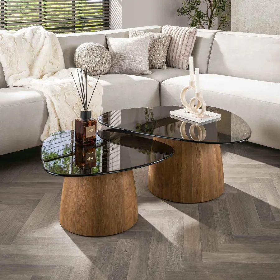 WoonStijl Salontafel Tinto driehoekig set set van 2 salontafels met brons glas Best