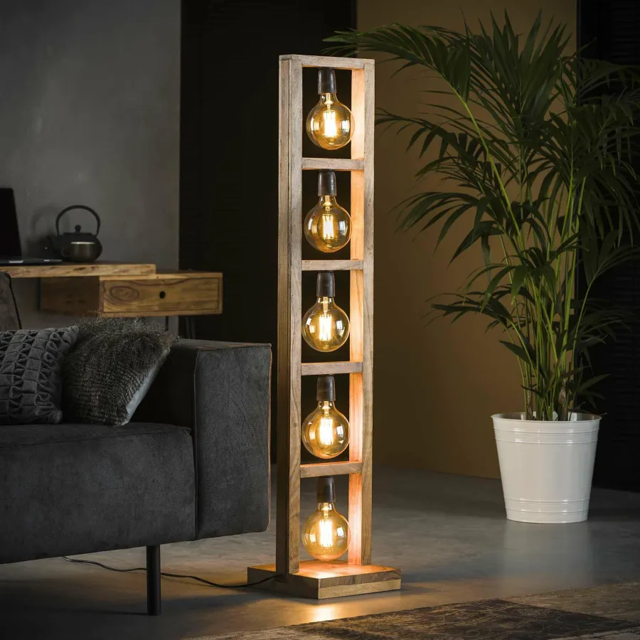 WoonStijl Vloerlamp 5L modulo houten frame / Massief acacia naturel Discount