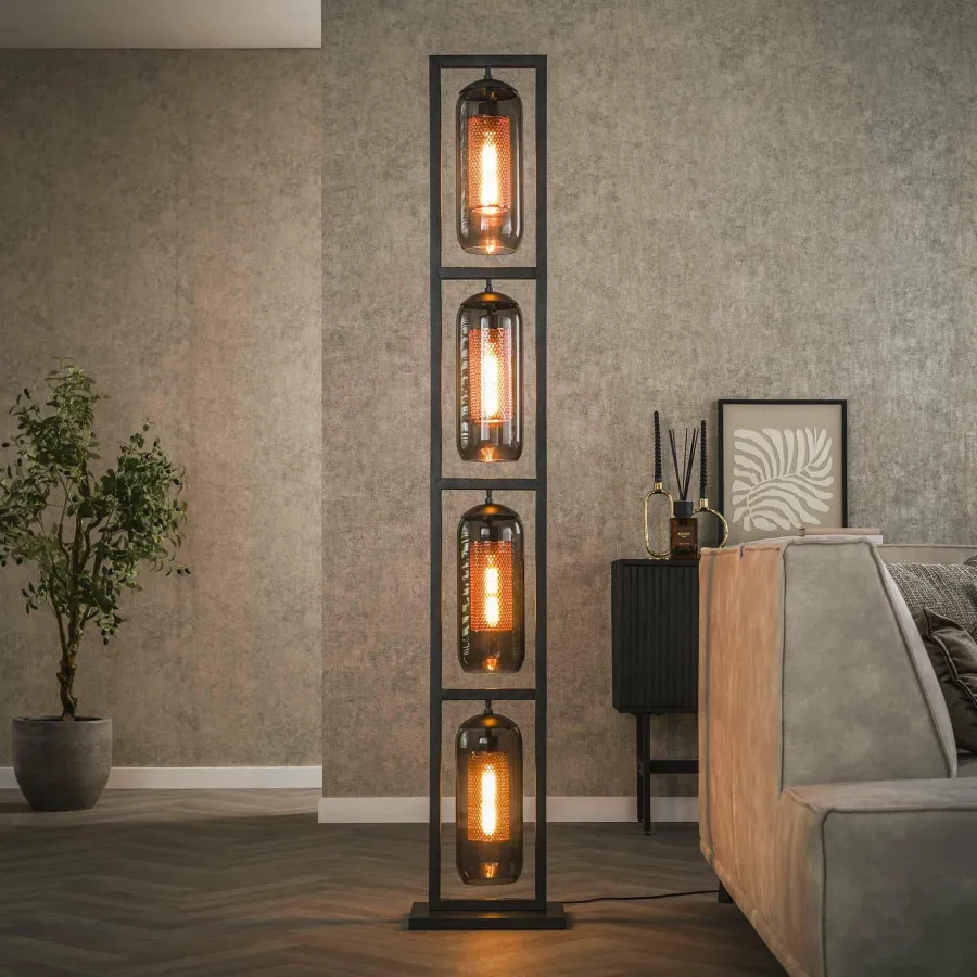 WoonStijl Vloerlamp 4L tower smoke glas-geperforeerd staal New